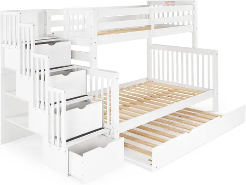 Miniatura 3 de Bedz King BK961-Honey-Trundle-p - Litera con cama nido individual, con 4 cajones en los peldaños Blanco