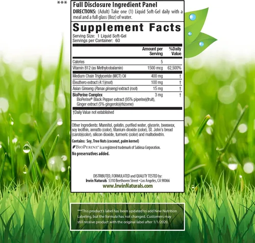 Miniatura 2 de Irwin Naturals Vitamina de metilcobalamina de alta potencia Mega B-12 de 1,500 mcg, absorción rápida y mejorada con MCT + ginseng asiático, impulso