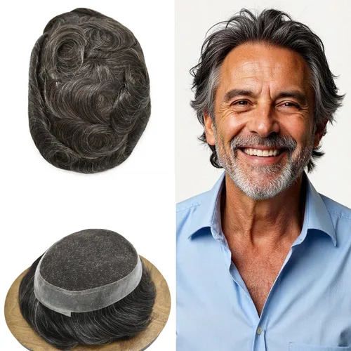 Miniatura 8 de Toupee para hombres Sistema de reemplazo de cabello humano real pieza de cabello humano para hombres encaje suizo para hombre Toupee Hair Pieces