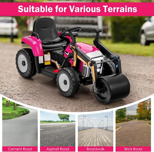 Miniatura 5 de Costzon Auto para montar en coche, rodillo de carretera de 12 V con control remoto, tractor eléctrico a batería con rodillo de tambor ajustable, Rosa
