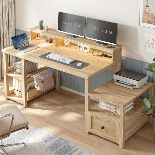 Miniatura 9 de EnHomee - Escritorio de oficina en casa de 60.4 pulgadas con toma de corriente y estante para impresora, escritorio de computadora con luz LED