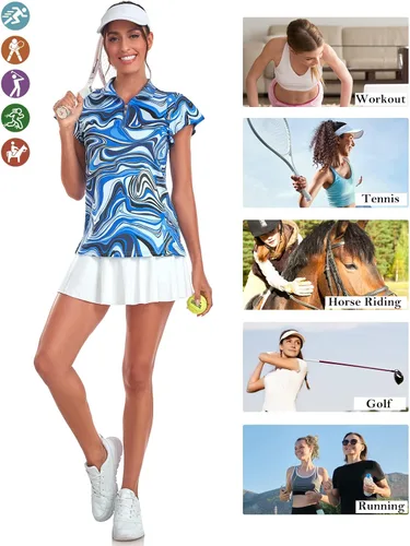 Miniatura 4 de Tanst Sky Polo de golf para mujer, con cremallera, volantes, manga corta, para entrenamiento, secado rápido