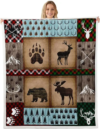 Miniatura 11 de Manfei Manta rústica de casa de campo, ciervo, lobo, oso, patas, manta de cama a cuadros para niños y niños, manta de Navidad de pino para sofá