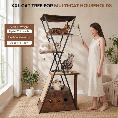 Miniatura 3 de Árbol moderno de madera para gatos grandes de 71 pulgadas, torre alta y resistente para gatos de interior, muebles para gatos de varios niveles