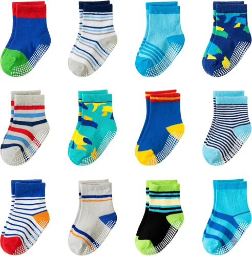 Miniatura 15 de Calcetines con Agarre Antideslizante para Niños Pequeños Calcetines de Tripulación de Algodón Anti Resbalón para Bebés Niños y Niñas 12 Pares