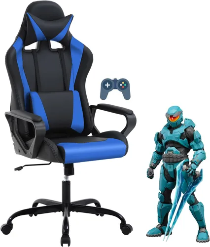 Miniatura 12 de Silla ergonómica para videojuegos, silla de oficina de piel sintética con respaldo alto y soporte lumbar ajustable y reposacabezas - Silla giratoria