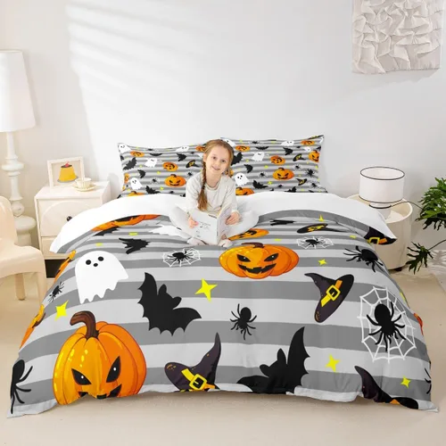 Miniatura 14 de Manfei Juego de funda de edredón con diseño de calabaza, tamaño individual, funda de edredón con 1 funda de almohada, juego de ropa de cama de 2