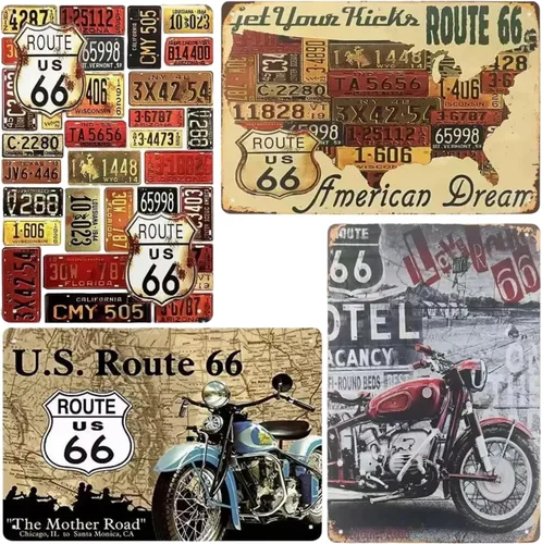 4 letreros de hojalata metálicos vintage de 8 x 12 pulgadas Route 66 Road, decoración de pared retro para motocicleta, mapa de EE. UU., para garaje,
