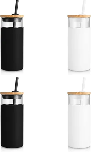 Miniatura 8 de Tronco - Vaso de vidrio de 20 onzas, botella de agua con pajilla, funda protectora de silicona y tapa de bambú, sin bisfenol A, ámbar, 8