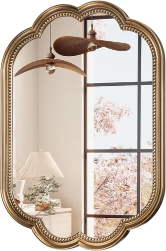 Miniatura 8 de Espejo de pared festoneado, espejo ovalado dorado de 22 x 30 pulgadas, marco decorativo de cuentas doradas, espejos dorados antiguos de flores