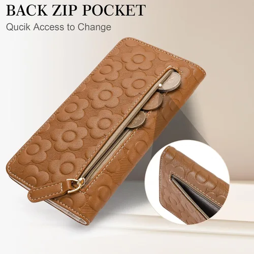 Miniatura 2 de Cartera delgada ultradelgada para mujer 3D de cuero con estampado de flores en relieve para mujer, cartera con bloqueo RFID, tarjetero plegable