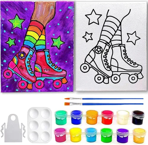 INDIGO ART STUDIO Patines de lona predibujados de 8 x 10 pulgadas, pintura acrílica retro, actividad artística, 12 colores de primera calidad, 2