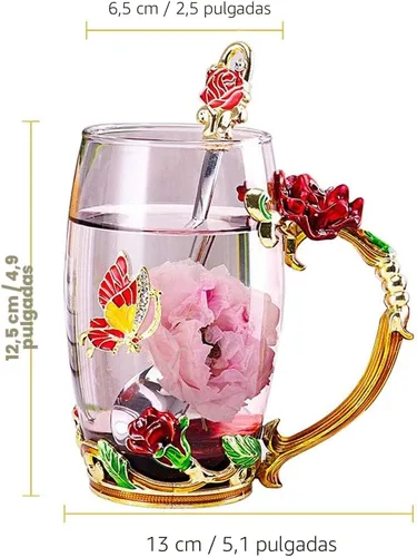 Miniatura 4 de Regalos de Cumpleaños para Mujeres, Taza de Té de Vidrio con Flor de Mariposa Esmaltada Taza de Café Roja Rosa, Regalos Lindos para Mamá Abuela Rojo