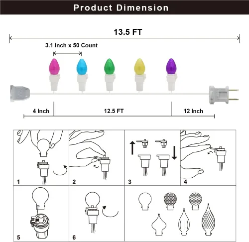 Miniatura 7 de Guirnalda de luces LED multicolor de cristal C3, 50 unidades, luz pastel de Pascua, 120 V, certificación UL, conectable, para exteriores, cable