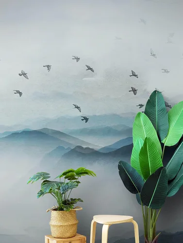 Miniatura 4 de Papel tapiz para guardería. Papel tapiz de pájaros que vuelan sobre la montaña. Papel tapiz removible, pintura de acuarela de vista de montaña.