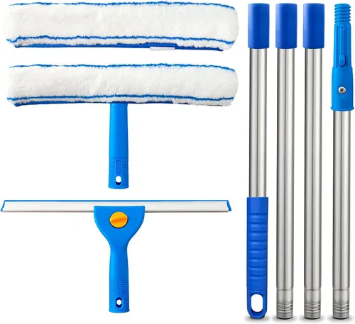 ARTIPOLY Escobilla para limpieza de ventanas, escobilla extra grande de 14 pulgadas y combo de limpiador de microfibra con poste de acero inoxidable