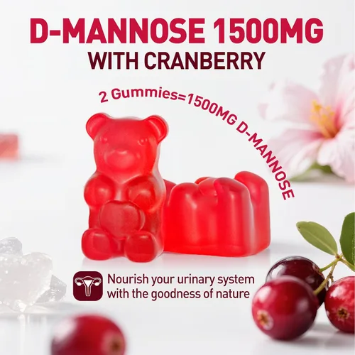 Miniatura 4 de D Manosa con gomitas de arándano, suplementos de D-manosa de 1500 mg para mujeres, con hibisco para la salud del tracto urinario, vejiga, soporte