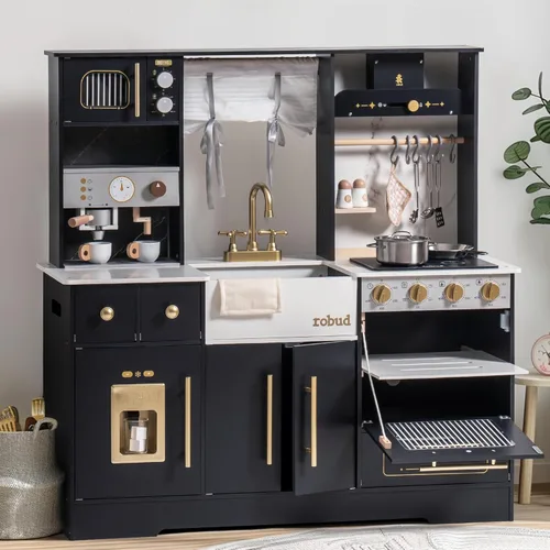ROBUD Juego de cocina para niños, juego de cocina de madera con muchas características de juego realistas, cocina de juguete con máquina de hielo,