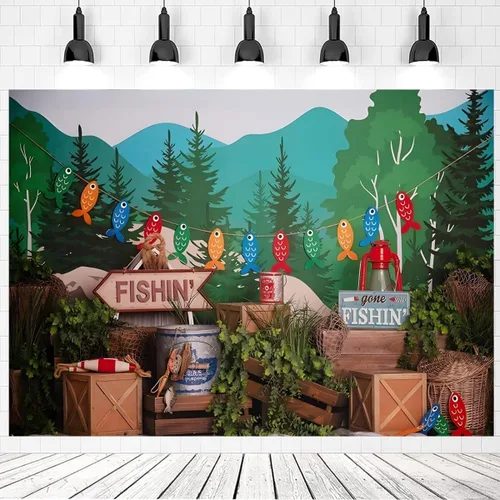 Miniatura 4 de Fondo de fotografía de pesca con plantas verdes bosque, para niños, fiesta de cumpleaños, pastel, retrato para baby shower, fiesta, accesorios