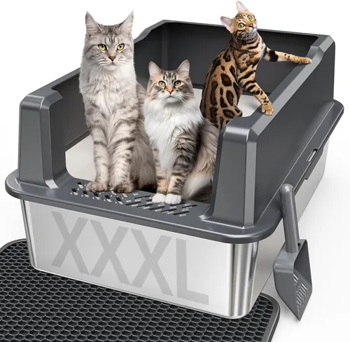 Caja de arena extragrande XXL de acero inoxidable para gatos con tapa, 26" L x 18" W x 12" H caja de arena de metal con lados altos para gatos