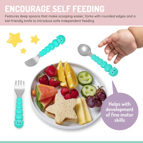 Miniatura 5 de melii Juego de cucharas y cuchillos de alimentación para niños y niños pequeños, acero inoxidable, Bulldog, gato, tiburón, oso, sin BPA, apto