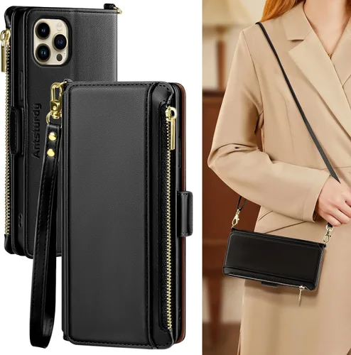 Antsturdy Funda tipo cartera compatible con iPhone 11 Pro Max para mujer, bloqueo RFID, funda cruzada de piel sintética con cremallera y correa para