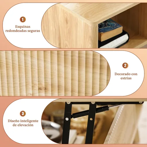 Miniatura 5 de LYNCOHOME Mesa de Centro con Tapa Elevable Acanalada con Almacenamiento, Mesa de Centro Moderna para Sala de Estar, Oficina en Casa (Natural)