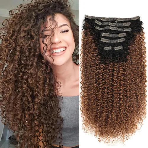 Miniatura 15 de Extensiones de cabello sintético con clip, extensiones de cabello sintético negro y rubio miel, extensiones de cabello rizado Jerry para mujeres