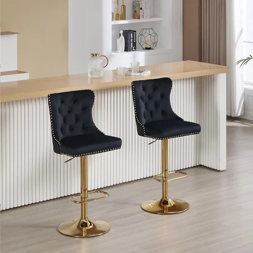 Miniatura 6 de Taburetes de bar negros juego de 2 sillas de cocina giratorias de terciopelo con respaldo alto acolchado, taburetes dorados modernos tapizados