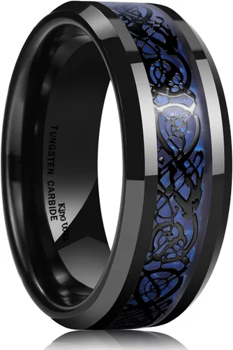 King Will DRAGON - Anillo de carburo de tungsteno para hombre, 0.315 in, plateado, azul, negro, dragón celta, alianza de boda, acabado pulido