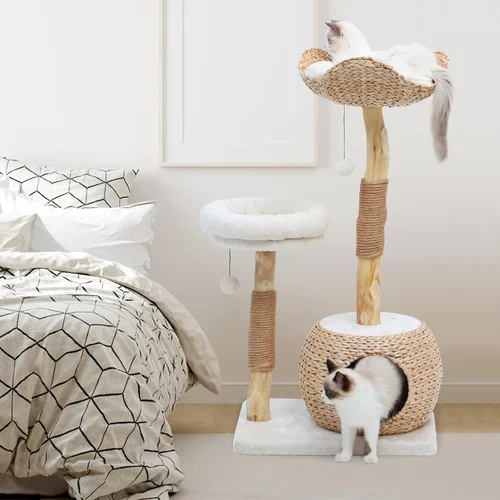 Miniatura 2 de Torre de árbol para gatos de interior, moderno condominio para gatos de madera real con poste rascador, plataformas de salto, bola de juguete