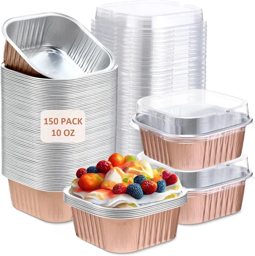 Miniatura 18 de Aoriher 150 piezas de moldes mini para pasteles de 10 onzas con tapas, tazas de horneado de papel de aluminio cuadradas desechables de 4" x 4