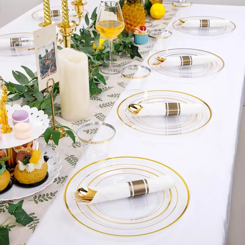 Miniatura 6 de DaYammi Juego de vajilla de plástico dorado transparente de 210 piezas para 30 invitados, platos desechables elegantes para fiestas, incluye: 30