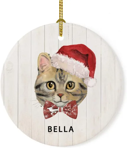 Miniatura 9 de Andaz Press Adorno redondo personalizado de cerámica para árbol de Navidad, abisinio, corona de acebo, sombrero de Papá Noel, con gráfico de gato