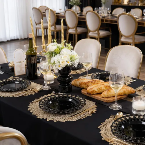 Miniatura 7 de COLOSUS Juego de 60 platos de plástico negro, platos barrocos elegantes, elegantes platos desechables con borde de encaje, platos de plástico