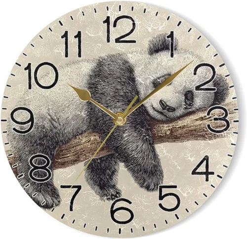 Miniatura 7 de ALAZA Reloj de pared con diseño de oso panda, funciona con pilas, silencioso, de cuarzo, analógico, rústico, estilo rústico, redondo, decoración