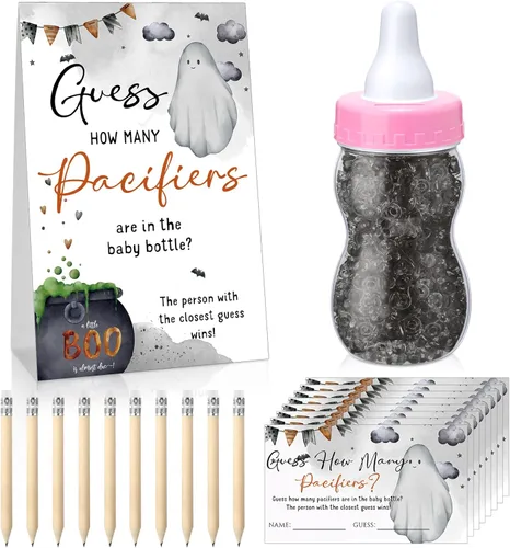 Miniatura 18 de Roowest 512 piezas de juegos de baby shower Adivina cuántos chupetes letrero, 100 pequeños juegos de adivinanzas, 10 lápices HB, botella de leche