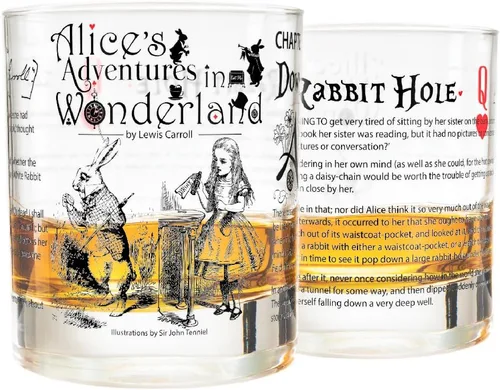 Greenline Goods Vasos de whisky - Alicia en el país de las maravillas (juego de 2) | Literatura Rocas Vidrio con Lewis Carroll Libro Imágenes &