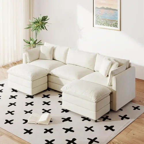 Miniatura 45 de Setawix Sofá Profundo de 3 Plazas con Otomana, Sofás de Nube en Forma de L de 112.2" para Sala de Estar, Sofá de Nube de Chenilla con Asiento Café