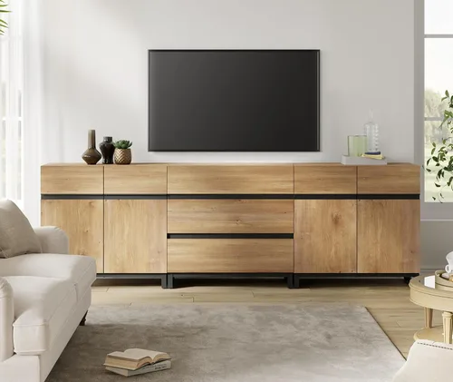 Miniatura 12 de WAMPAT Moderno soporte de TV para televisores de hasta 100 pulgadas, consola de TV 3 en 1 con estantes ajustables y 3 cajones, consola multimedia