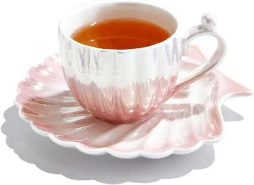 Taza y platillo Pearl Shell – Taza de café de cerámica degradada de 8 onzas, té vintage, capuchino, arte con leche para regalo de cumpleaños (rosa