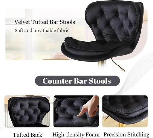 Miniatura 5 de Taburetes de bar de terciopelo, modernos taburetes giratorios de altura ajustable, sillas de mostrador de 360 grados con respaldo y base de metal