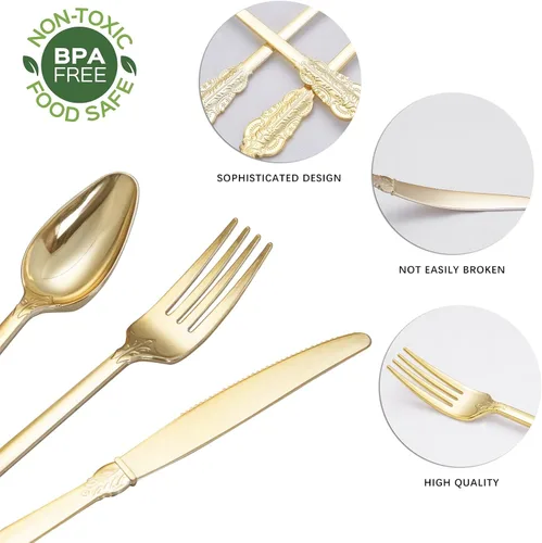 Miniatura 2 de NOCCUR Juego de cubiertos de plástico dorado de 180 piezas, cubiertos desechables de plástico dorado, incluye 60 tenedores, 60 cucharas, 60