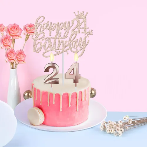 Miniatura 6 de Decoraciones de cumpleaños de 24 años para mujeres, incluyendo banda de cumpleaños, tiara/corona, velas numéricas y decoración de pastel, regalos