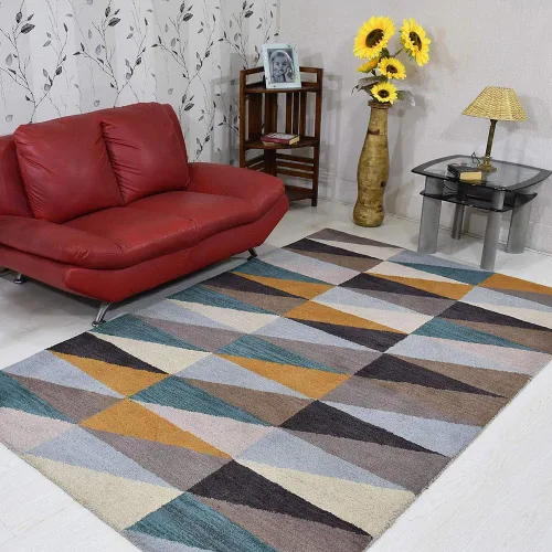 Miniatura 7 de Rugsotic Carpets Alfombras de lana copetuda a mano ecológicas – 2 pies 6 x 6 pies, forma de pasillo, multicolor, diseño geométrico moderno