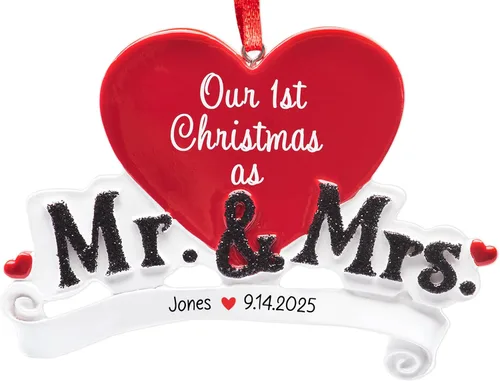Miniatura 7 de Adorno personalizado de nuestro primer matrimonio de Navidad 2026 Pareja recién casada en auto de boda vintage para árbol de Navidad Regalo