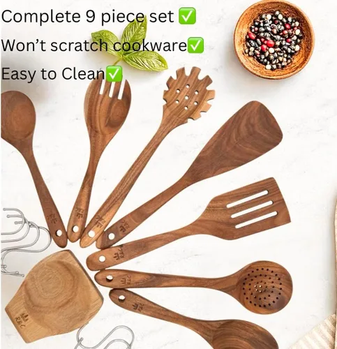 Miniatura 3 de R&C Juego de utensilios de cocina de madera, 9 piezas, herramientas de cocina de teca con soporte y ganchos, antiadherentes, resistentes al calor