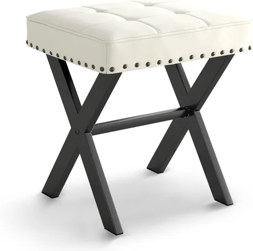 Miniatura 8 de LUE BONA Taburete de tocador blanco, asiento cuadrado de piel sintética con patas en X de metal, pequeña silla otomana para sala de maquillaje, sala
