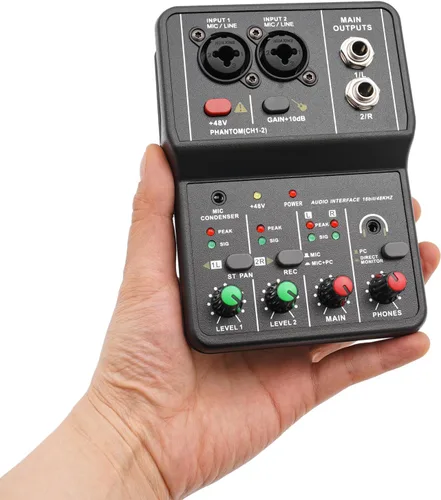 Miniatura 7 de Mezclador de audio de 2 canales, consola de mezcla, tablero de sonido, mezclador profesional USB, potencia de 48 V, alta precisión, resolución