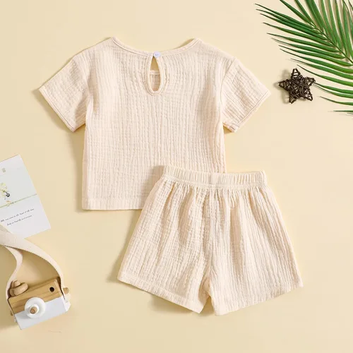 Miniatura 3 de Conjunto de 2 piezas de camiseta de algodón y lino de manga corta y pantalones cortos elásticos, 2 piezas, ropa casual de verano